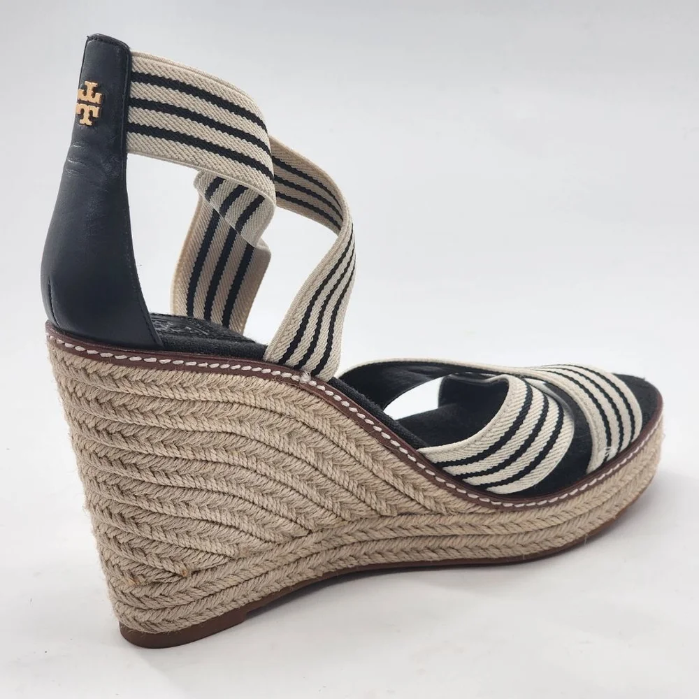 TORY BURCH Frieda Navy Cream Elastic Strap Striped Espadrille Wedge Sandals 9.5